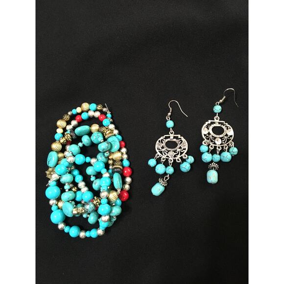 Lot of 5 Bracelets & 1 Pair of Earrings, Turquoise Gold Silver & Coral Colors - Picture 1 of 4